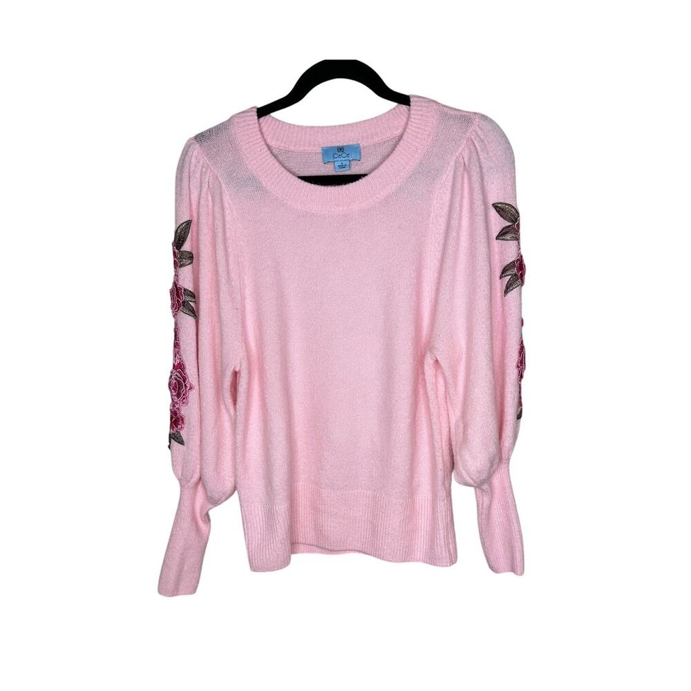CeCe Sweater Womens S Pink 3D Floral Applique Balloon Long Sleeve Crew Neck Top